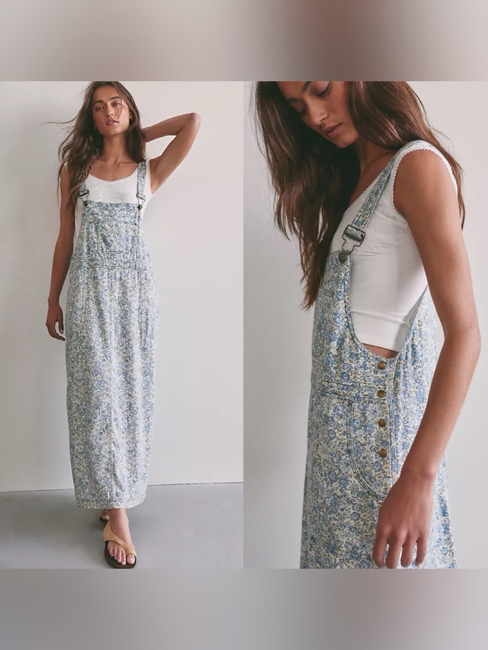 Free People Hanson Apron Midi Dress Chambray Combo Cottagecore Praire Boho Sz M